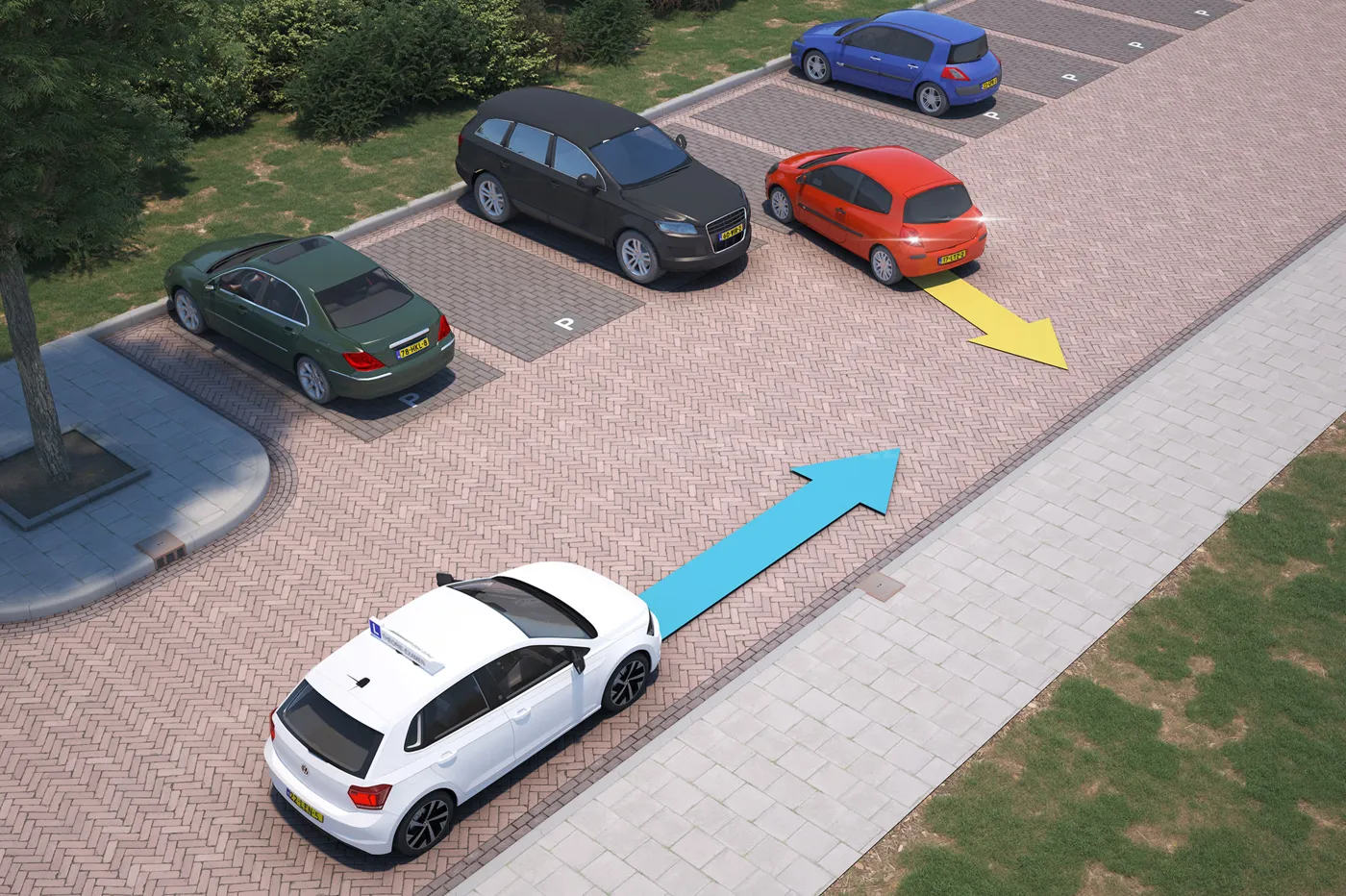 Een auto rijdt achteruit een parkeervak uit op een parkeerterrein