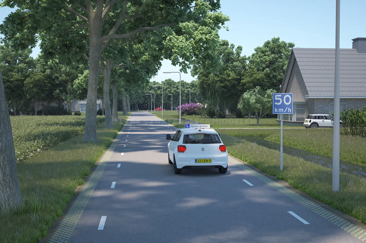 Weg met een snelheidsbord, zoals je die op het autotheorie-examen tegenkomt