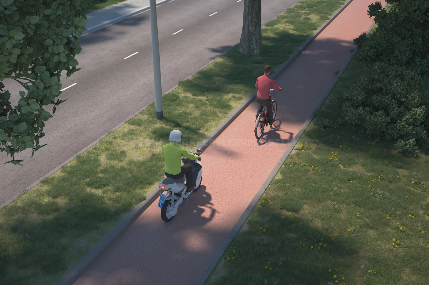 Bromfietspad, zoals je dat op het bromfietstheorie-examen tegenkomt