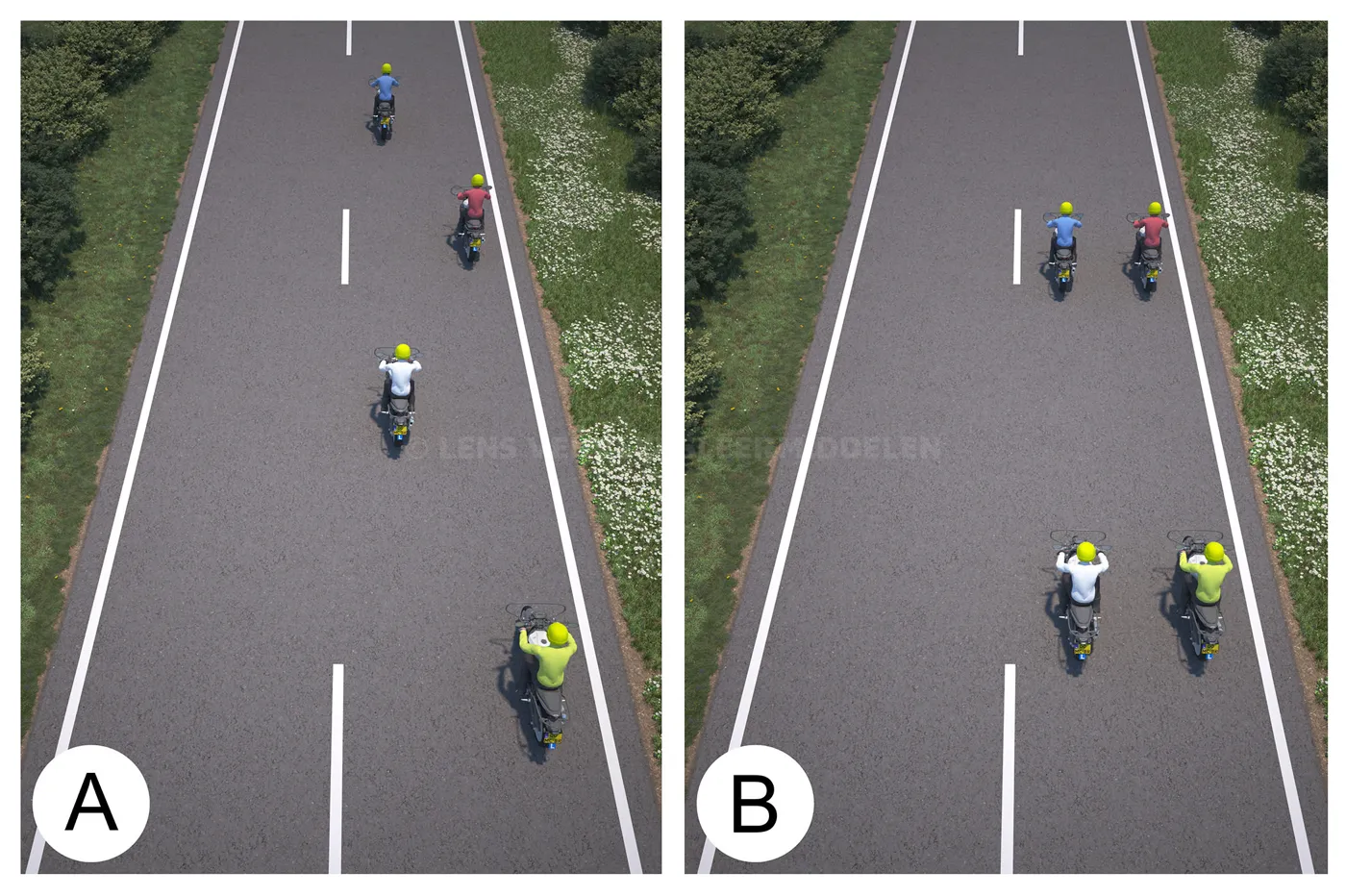 Weg met meerdere rijstroken, zoals je die op het motortheorie-examen tegenkomt