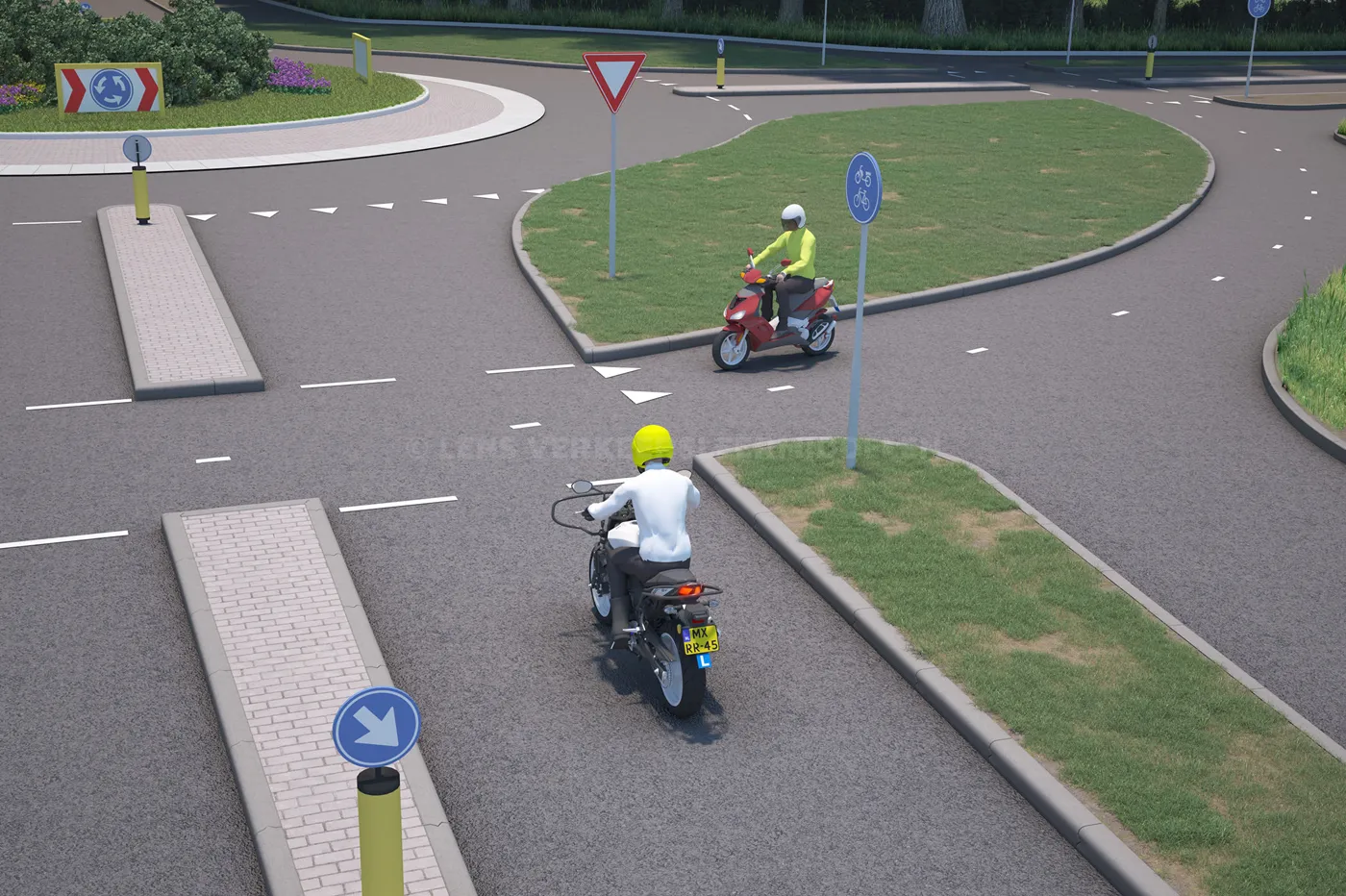 Rotonde, zoals je die op het motortheorie-examen tegenkomt